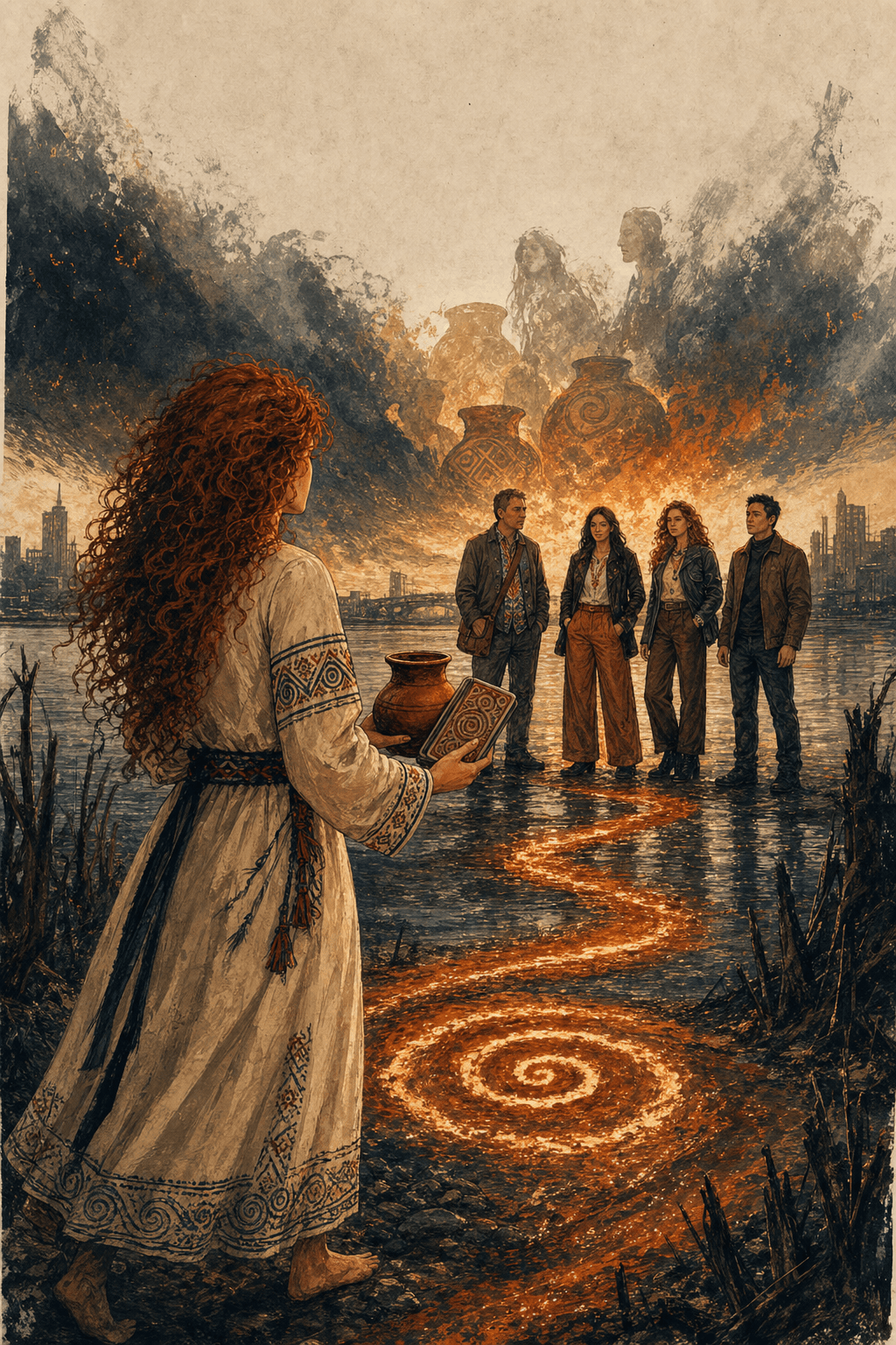 New Trypillian Tarot graphic novel cover: Yaryna faces four guides across a river that becomes a glowing spiral.