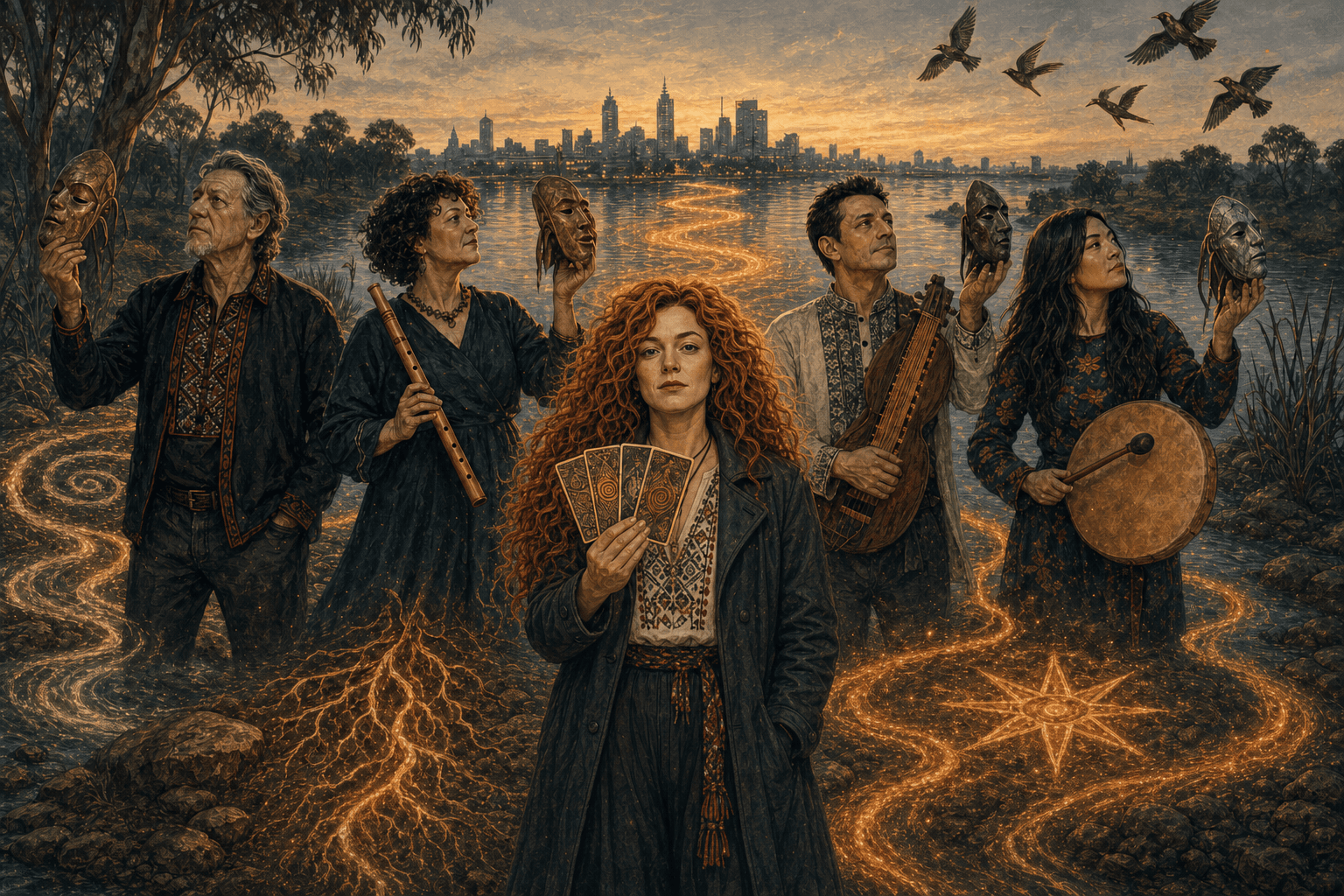 Yaryna and four musician-guides standing beside Birrarung at dawn.